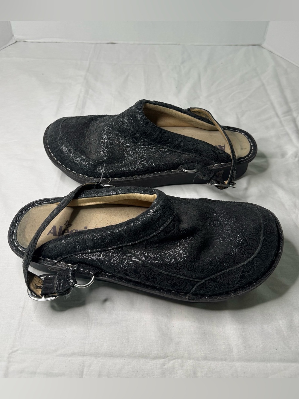 Alegria Black Embossed Slingback Clogs Size 11.5-12